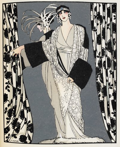 Blanc et noir. امرأة ترتدي زيًا صممه جون ريدفيرن عام 1855 ، رسم توضيحي من "لا جازيت دو بون تون" (لون ليثو) بواسطة فرانسيسكو كزافييه جوز