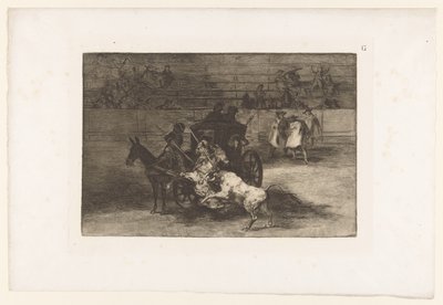 يهاجم الرجال ثورًا من عربة Combat dans une voiture attelée de deux mulets مصارعة الثيران (عنوان المسلسل) La Taureaumachie (عنوان المسلسل) La Tauromaquia (عنوان المسلسل) بواسطة يوجين لويزيليت