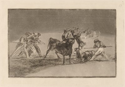 Palenque de los moros hecho con burros para defenseerse del toro embolado (يستخدم المورون الحمير كحاجز للدفاع عن أنفسهم ضد الثور الذي تم توجيه قرونه بالكرات) بواسطة فرانسيسكو دي جويا