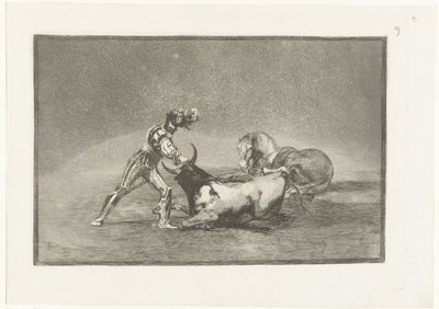 Spanse Ridder doodt een stier يقتل فارس إسباني ثورًا بعد أن فقد حصانه Stierenvechten (عنوان السلسلة) La Tauromaquia (عنوان السلسلة) بواسطة فرانسيسكو دي جويا