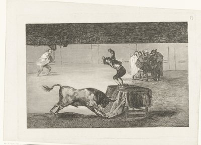 مصارع الثيران يقف على طاولة في الساحة Otra locura suya en la misma plaza La Tauromaquia (عنوان المسلسل) مصارعة الثيران (عنوان المسلسل) بواسطة فرانسيسكو دي جويا