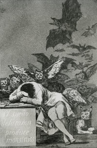 فيلم The Sleep of Reason ينتج الوحوش ، من فيلم Los Caprichos (النقش) (صور من وزن الجسم) (انظر أيضًا 81662) بواسطة فرانسيسكو دي جويا