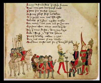 السيدة Est 27 W 8.17 f.4r Attila the Hun (c.406-453) في مناقشة مع أحد محاربيه ، من حرب أتيلا بقلم نيكولا دا كاسولا بواسطة مدرسة فرانكو الإيطالية