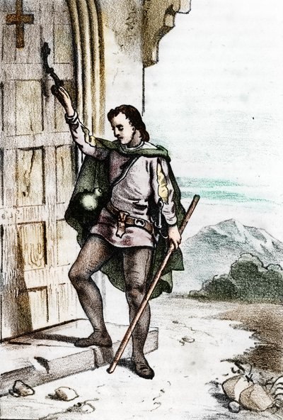 الشاب جيروم سافونارول (جيرولامو سافونارولا) (1452-1498) يطرق باب دير سانتو دومينيكو الدومينيكي في بولونيا عام 1475 (طرق جيرولامو سافونارولا عندما كان شابًا على باب دير سان دومينيكو ، التابع لرهبانية الرهبان. بواسطة فرانكو ميسترالي