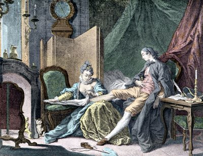 La Courtesan amoureuse: امرأة تزيل قاع رجل - نقش بواسطة ap. جزار بواسطة فرانسوا (بعد) باوتشر