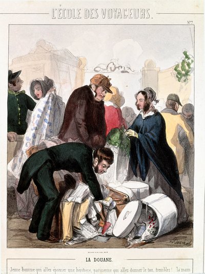 الجمارك. رقابة الجمارك على مهر المهر الذي كان سيتزوج شابا. نقش ملون لفرانسوا بوشوت (1800-1842) ، حوالي عام 1830. باريس ، متحف كارنافالي بواسطة فرانسوا بوشو