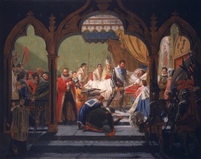 هنري الرابع (1553-1610) تلقي سمات الملكية من الموت المحتضر هنري الثالث (1551-1589) 1814 بواسطة بوفيه فرانسوا