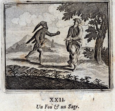 مجنون وحكيم. أساطير جان دي لافونتين (1621-95). رسم توضيحي لفرانسوا تشوفو (1613-1676). طبعة 1728. بواسطة فرانسوا شوفو