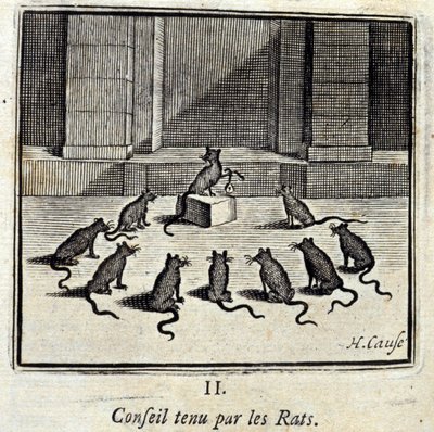 عقد المجلس من قبل الفئران. خرافات لجين دي لافونتين (1621-95). رسم توضيحي لفرانسوا تشوفو (1613-1676). طبعة 1728. بواسطة فرانسوا شوفو