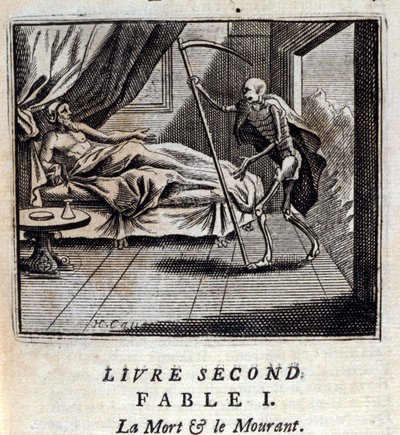 الموت والموت. أساطير جان دي لافونتين (1621-95). رسم توضيحي لفرانسوا تشوفو (1613-1676). طبعة 1728. بواسطة فرانسوا شوفو