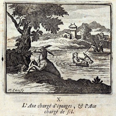 الحمير من الإسفنج وكميات الملح الحمير. أساطير جان دي لافونتين (1621-95). رسم توضيحي لفرانسوا تشوفو (1613-1676). طبعة 1728. بواسطة فرانسوا شوفو