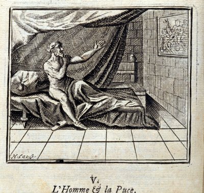 الرجل والبراغيث. أساطير جان دي لافونتين (1621-95). رسم توضيحي لفرانسوا تشوفو (1613-1676). طبعة 1728. بواسطة فرانسوا شوفو
