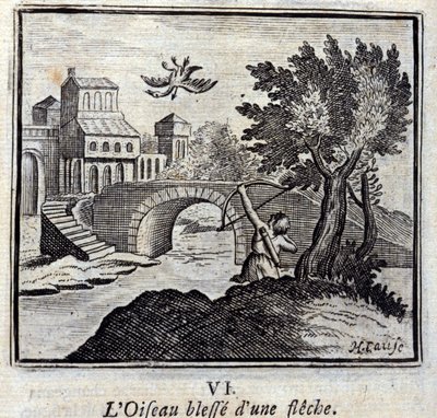 L'Oiseau wesse d'une fleche. أساطير جان دي لافونتين (1621-1695). رسم توضيحي لفرانسوا تشوفو (1613-1676). طبعة 1728. بواسطة فرانسوا شوفو