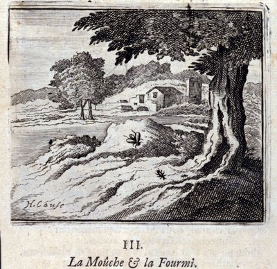 الذبابة والنملة. أساطير جان دي لافونتين (1621-95). رسم توضيحي لفرانسوا تشوفو (1613-1676). طبعة 1728. بواسطة فرانسوا شوفو