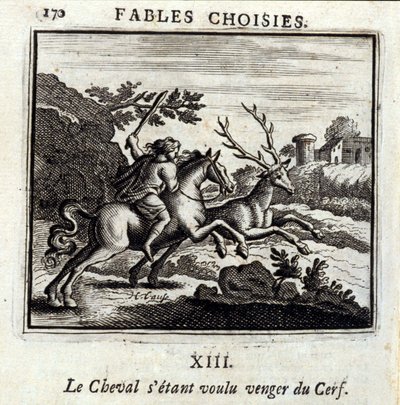 أراد الحصان الانتقام من الغزلان. أساطير جان دي لافونتين (1621-95). رسم توضيحي لفرانسوا تشوفو (1613-1676). طبعة 1728. بواسطة فرانسوا شوفو