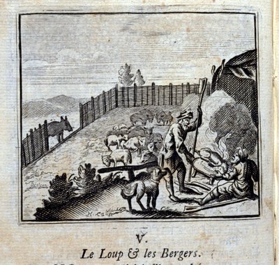 الذئب والرعاة ، حكايات جان دي لافونتين (1621-1695). رسم توضيحي لفرانسوا تشوفو (1613-1676). طبعة 1728. بواسطة فرانسوا شوفو