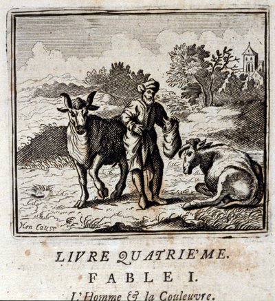رجل وثعبان. أساطير جان دي لافونتين (1621-95). رسم توضيحي لفرانسوا تشوفو (1613-1676). طبعة 1728. بواسطة فرانسوا شوفو