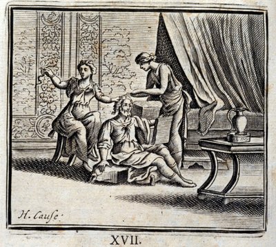 رجل بين سنّين ومخدمتين له. أساطير جان دي لافونتين (1621-95). رسم توضيحي لفرانسوا تشوفو (1613-1676). طبعة 1728. بواسطة فرانسوا شوفو