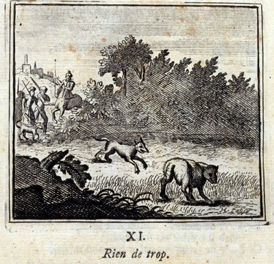 لا شيء أكثر من اللازم. أساطير جان دي لافونتين (1621-95). رسم توضيحي لفرانسوا تشوفو (1613-1676). طبعة 1728. بواسطة فرانسوا شوفو