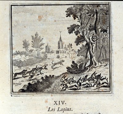 أرانب. أساطير جان دي لافونتين (1621-95). رسم توضيحي لفرانسوا تشوفو (1613-1676). طبعة 1728. بواسطة فرانسوا شوفو