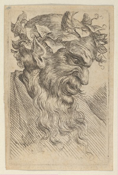 قناع ساتير بتاج اللبلاب ، باتجاه اليمين ، من Divers Masques ، كاليفورنيا. 1635-45. بواسطة فرانسوا شوفو