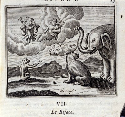الحقيبة. أساطير جان دي لافونتين (1621-95). رسم توضيحي لفرانسوا تشوفو (1613-1676). طبعة 1728. بواسطة فرانسوا شوفو