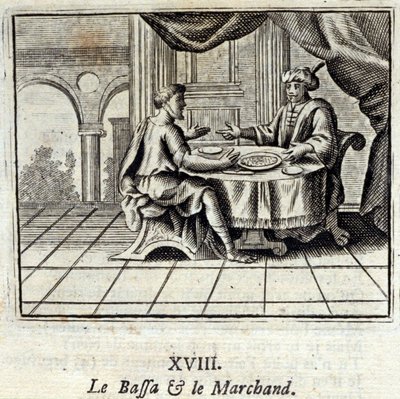 الباسا والتاجر. أساطير جان دي لافونتين (1621-95). رسم توضيحي لفرانسوا تشوفو (1613-1676). طبعة 1728. بواسطة فرانسوا شوفو