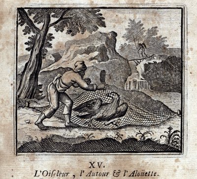 The Birdbird في جميع أنحاء و Alouette. أساطير جان دي لافونتين (1621-95). رسم توضيحي لفرانسوا تشوفو (1613-1676). طبعة 1728. بواسطة فرانسوا شوفو