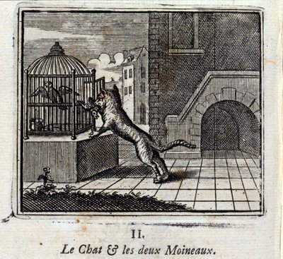 القط واثنين من سبارو. أساطير جان دي لافونتين (1621-95). رسم توضيحي لفرانسوا تشوفو (1613-1676). طبعة 1728. بواسطة فرانسوا شوفو