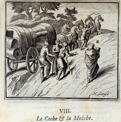 الكوش والذبابة. أساطير جان دي لافونتين (1621-95). رسم توضيحي لفرانسوا تشوفو (1613-1676). طبعة 1728. بواسطة فرانسوا شوفو