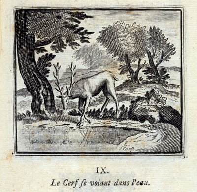يرى الغزال نفسه في الماء. أساطير جان دي لافونتين (1621-95). رسم توضيحي لفرانسوا تشوفو (1613-1676). طبعة 1728. بواسطة فرانسوا شوفو