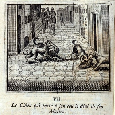 الكلب الذي يرتدي عشاء سيده عند رقبته. أساطير جان دي لافونتين (1621-95). رسم توضيحي لفرانسوا تشوفو (1613-1676). طبعة 1728. بواسطة فرانسوا شوفو