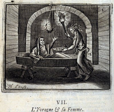 السكران وزوجته. أساطير جان دي لافونتين (1621-95). رسم توضيحي لفرانسوا تشوفو (1613-1676). طبعة 1728. بواسطة فرانسوا شوفو