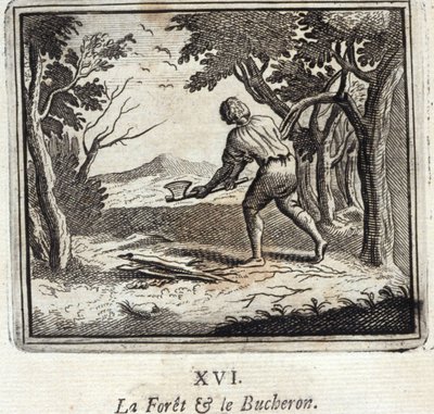 الغابة والحطاب. أساطير جان دي لافونتين (1621-95). رسم توضيحي لفرانسوا تشوفو (1613-1676). طبعة 1728. بواسطة فرانسوا شوفو