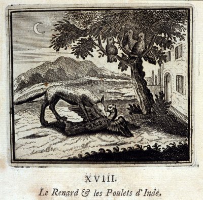 الثعلب والدجاج في الهند. أساطير جان دي لافونتين (1621-95). رسم توضيحي لفرانسوا تشوفو (1613-1676). طبعة 1728. بواسطة فرانسوا شوفو