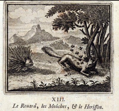 الثعلب والذباب وهريسون. أساطير جان دي لافونتين (1621-95). رسم توضيحي لفرانسوا تشوفو (1613-1676). طبعة 1728. بواسطة فرانسوا شوفو