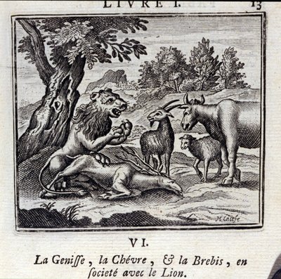 The Genisse the Gove and the Sheep في المجتمع مع الأسد. أساطير جان دي لافونتين (1621-95). رسم توضيحي لفرانسوا تشوفو (1613-1676). طبعة 1728. بواسطة فرانسوا شوفو