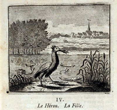 مالك الحزين. أساطير جان دي لافونتين (1621-95). رسم توضيحي لفرانسوا تشوفو (1613-1676). طبعة 1728. بواسطة فرانسوا شوفو