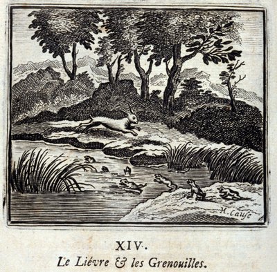 الليفر والضفادع. أساطير جان دي لافونتين (1621-95). رسم توضيحي لفرانسوا تشوفو (1613-1676). طبعة 1728. بواسطة فرانسوا شوفو