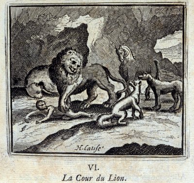 محكمة الأسد. أساطير جان دي لافونتين (1621-95). رسم توضيحي لفرانسوا تشوفو (1613-1676). طبعة 1728. بواسطة فرانسوا شوفو