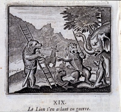 الأسد ذاهب للحرب. أساطير جان دي لافونتين (1621-95). رسم توضيحي لفرانسوا تشوفو (1613-1676). طبعة 1728. بواسطة فرانسوا شوفو