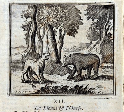 اللبؤة والدب. أساطير جان دي لافونتين (1621-95). رسم توضيحي لفرانسوا تشوفو (1613-1676). طبعة 1728. بواسطة فرانسوا شوفو