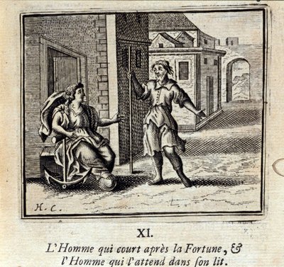 الرجل الذي يركض وراء فورتشن والرجل الذي ينتظره في السرير. أساطير جان دي لافونتين (1621-95). رسم توضيحي لفرانسوا تشوفو (1613-1676). طبعة 1728. بواسطة فرانسوا شوفو