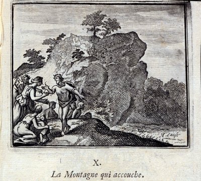 الجبل يلد. أساطير جان دي لافونتين (1621-95). رسم توضيحي لفرانسوا تشوفو (1613-1676). طبعة 1728. بواسطة فرانسوا شوفو