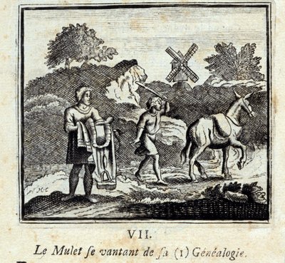 البوري يتفاخر بنسبه. أساطير جان دي لافونتين (1621-95). رسم توضيحي لفرانسوا تشوفو (1613-1676). طبعة 1728. بواسطة فرانسوا شوفو