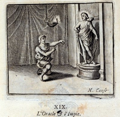 العراف والشرير. أساطير جان دي لافونتين (1621-95). رسم توضيحي لفرانسوا تشوفو (1613-1676). طبعة 1728. بواسطة فرانسوا شوفو