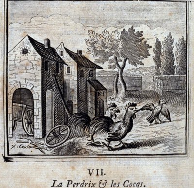 الحجل والديوك. أساطير جان دي لافونتين (1621-95). رسم توضيحي لفرانسوا تشوفو (1613-1676). طبعة 1728. بواسطة فرانسوا شوفو