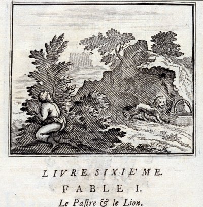 باترا والأسد. أساطير جان دي لافونتين (1621-95). رسم توضيحي لفرانسوا تشوفو (1613-1676). طبعة 1728. بواسطة فرانسوا شوفو