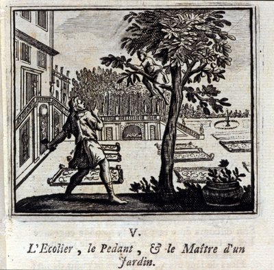 مدرسة المتحذلق وسيد الحديقة. أساطير جان دي لافونتين (1621-95). رسم توضيحي لفرانسوا تشوفو (1613-1676). طبعة 1728. بواسطة فرانسوا شوفو