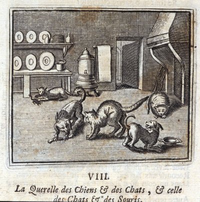Querelle من الكلاب والقطط ، والقطط والفئران. أساطير جان دي لافونتين (1621-95). رسم توضيحي لفرانسوا تشوفو (1613-1676). طبعة 1728. بواسطة فرانسوا شوفو